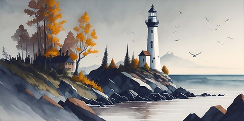 Beautiful landscape. Lighthouse. AI generated illustration