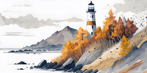 Beautiful landscape. Lighthouse. AI generated illustration