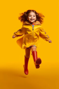 a girl playing superhero in yellow boots on a yellow background