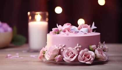 pink wedding cake with candles