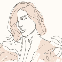 Stylish woman portrait. Outline trendy vector illustration. Continuous line drawing, minimalistic concept. Romantic image in pastel watercolor shades