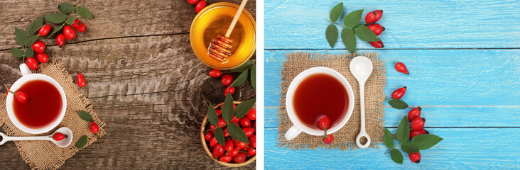 tea with rose hips and honey on old wooden background with copy space for your text. Top view