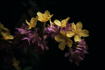 Yellowish-purple blossoms against a dark background, offering space for text or other content. Generative AI
