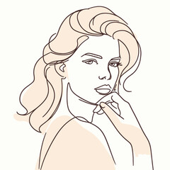 Stylish woman portrait. Outline trendy vector illustration. Continuous line drawing, minimalistic concept. Romantic image in pastel watercolor shades