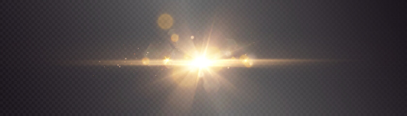 Fototapeta premium Bright light effect with rays and glare shines with golden light for vector illustration. 