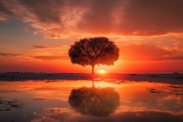 Beautiful sunset with a tree shaped like a heart. Generative AI