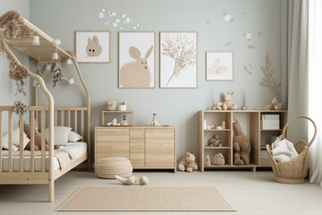 Farmhouse-style interior with natural wooden furniture in a children's room. Four wooden frames in A3 and A4 sizes. Generative AI