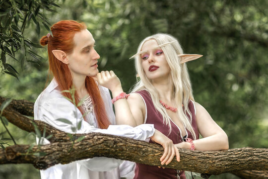 An elf man and an elf woman are standing near a tree. A pair of stunning detailed elven fantasies, mythical fairy tale characters