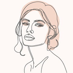 Stylish woman portrait. Outline trendy vector illustration. Continuous line drawing, minimalistic concept. Romantic image in pastel watercolor shades
