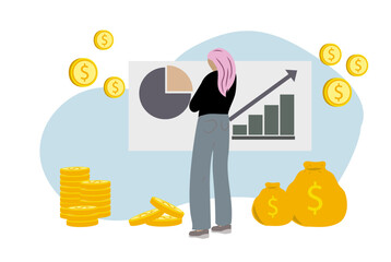 Woman investing in the stock marked. Saving money earning income and cashflow by dividends. Financial independancy retire early. Woman pink hair financial independant. The snowball effect. Vector