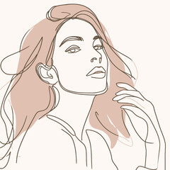 Stylish woman portrait. Outline trendy vector illustration. Continuous line drawing, minimalistic concept. Romantic image in pastel watercolor shades