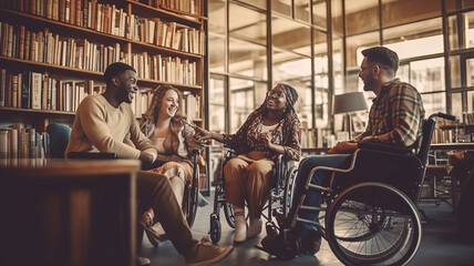 Diverse students, including a young man in a wheelchair, chat in college library. - obrazy, fototapety, plakaty