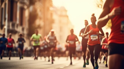 Group of blurred people are running a marathon in the city