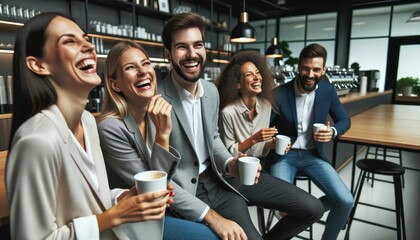 Close-up photo of a group of co-workers, including two women and two men, sharing a light moment during a coffee break. - obrazy, fototapety, plakaty