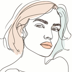 Stylish woman portrait. Outline trendy vector illustration. Continuous line drawing, minimalistic concept. Romantic image in pastel watercolor shades