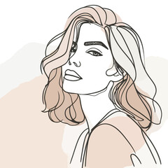 Stylish woman portrait. Outline trendy vector illustration. Continuous line drawing, minimalistic concept. Romantic image in pastel watercolor shades