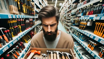 Close-up photo of a man with a beard thoughtfully perusing a selection of hand tools, such as hammers and screwdrivers.