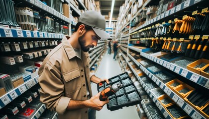 Close-up photo of a man with a cap, carefully inspecting a tool amidst the hardware section. - obrazy, fototapety, plakaty