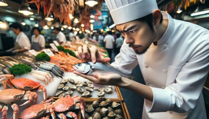 Close-up photo of a chef with a white hat meticulously inspecting a fresh fish in his hands, checking its eyes and scales.