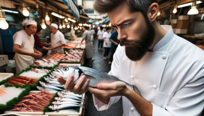 Close-up photo of a chef with a beard carefully examining a fresh catch, holding the fish close to gauge its freshness.