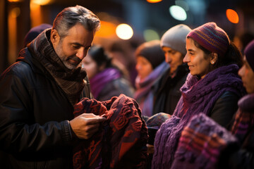A Las Posadas host offering warm blankets to participants as a symbol of comfort during their journey. Generative Ai.