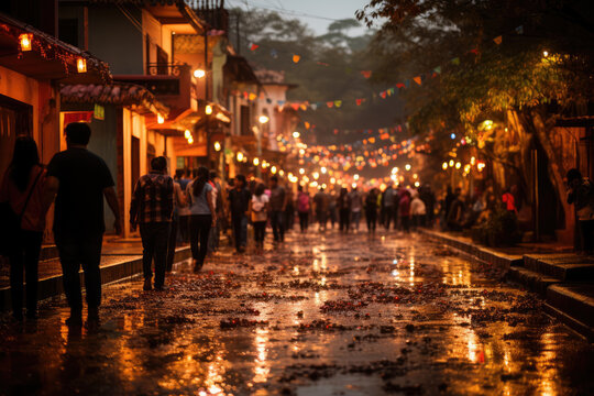 Fototapeta A Las Posadas lantern procession winding through a historical Mexican neighborhood, preserving cultural traditions. Generative Ai.