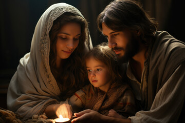 A Las Posadas reenactment with participants portraying the Holy Family, showcasing the religious significance of the holiday. Generative Ai. © Sebastian