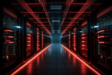 Panoramic view of an operational data center filled with rows of rack servers, where computers are active under blinking red emergency lights and dim ambient lighting. Generative AI - obrazy, fototapety, plakaty