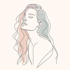 Stylish woman portrait. Outline trendy vector illustration. Continuous line drawing, minimalistic concept. Romantic image in pastel watercolor shades