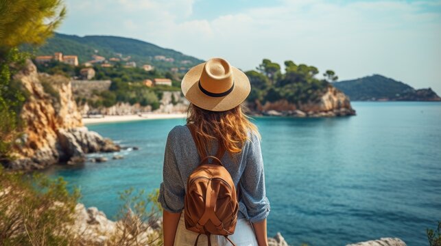 View from behind of a female tourist with a backpack and a hat