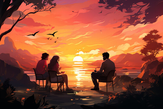 Illustrating of a group of friends engaged in a warm and empathetic conversation, concept of support and understanding in the life of someone with Schizoaffective Disorder