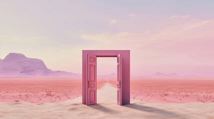 illustration of a pink wooden open door on a path to dry desert landscape