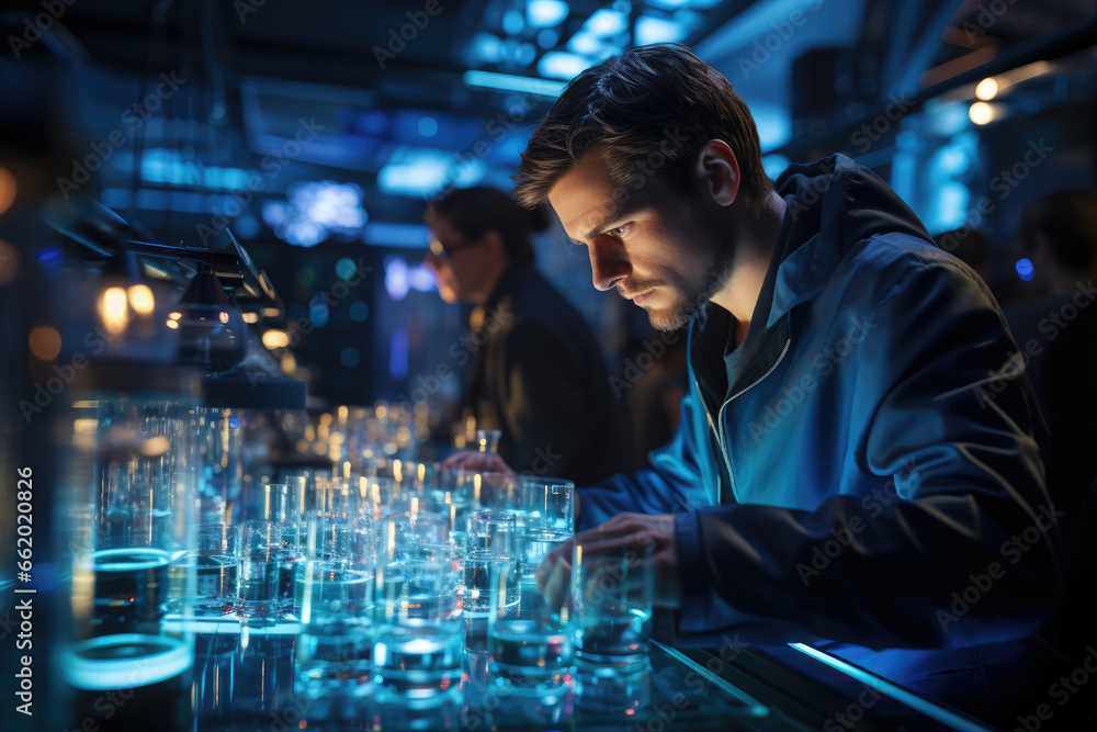 Poster a scientist conducting experiments in a simulated laboratory, exploring the concept of a simulated e