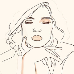 Stylish woman portrait. Outline trendy vector illustration. Continuous line drawing, minimalistic concept. Romantic image in pastel watercolor shades