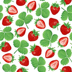 Strawberry. Strawberry seamless pattern on a white background. Summer strawberry, whole with leaves and sliced. The design is great for wallpaper, fabric, labels, packaging.