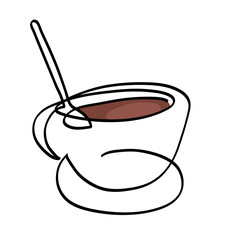 One line drawing of Cup of black coffee.
One continuous line drawing of cup and spoon.