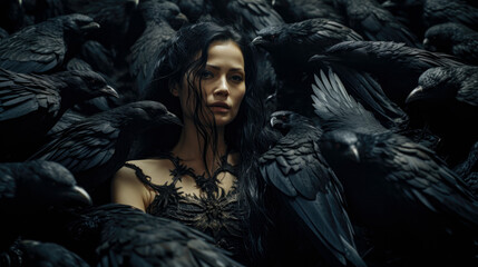 Woman with black hair surrounded by crows