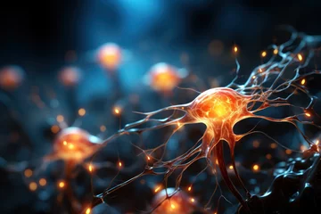 Poster A close-up of a neuron firing in the brain, symbolizing the intricacies of the nervous system. Concept of neurobiology. Generative Ai. © Sebastian