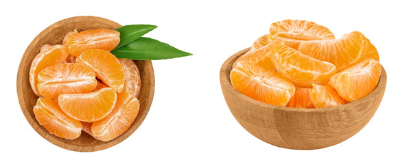 Tangerine or clementine slices in wooden bowl isolated on white background with full depth of field. Top view. Flat lay