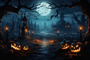 Fototapeta na wymiar Halloween spooky background, scary jack o lantern pumpkins in creepy dark forest with bats, spooky trees, moon and old house Happy Haloween ghosts horror gothic mysterious night moonlight backdrop.