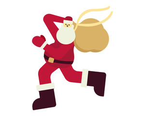 Santa Claus runs with a bag of gifts. New Year character is in hurry in motion. Festive red suit and white beard. Have time to distribute gifts to children. Isolated. Color image. Vector illustration