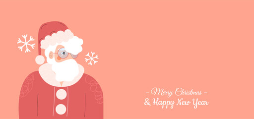 Colorful Christmas greeting card. Santa Claus in trendy style. Merry Christmas and Happy New Year text. Holiday Christmas cover, poster, banner. Vector illustration