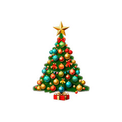 brightly decorated Christmas tree with colorful ornaments and a golden star on top. Isolated white background.