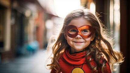 photograph of Funny cute girl in superhero costume. telephoto lens realistic natural lighting - obrazy, fototapety, plakaty