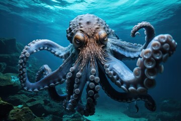 a large octopus swims in the depths of the ocean