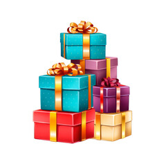 Stacked gift boxes wrapped in colorful paper and shiny ribbons. Isolated white background.