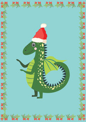 Christmas card with cute green dragon. Year of the Dragon 2024, China