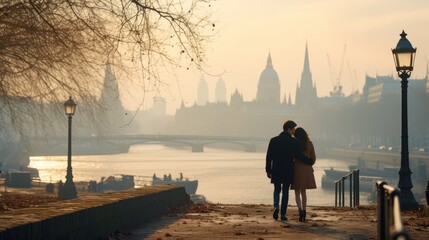 couple in love on the embankment of the river in winter - obrazy, fototapety, plakaty