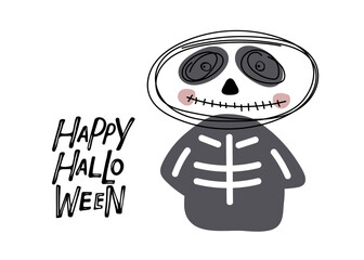 Happy Halloween card. Smiling skeleton character in doodle outline style with hand drawn lettering. Funny Happy Halloween Black and white vector banner. Cute sketch linear scary spooky character.