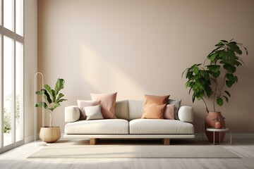 3D rendered living room with modern sofa, empty wall, and Scandinavian style. Generative AI